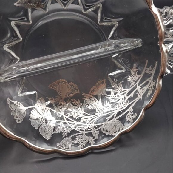 Silver City Glass Flanders Poppy Silver Overlay Crystal Divided Scalloped Dish - Picture 8 of 10